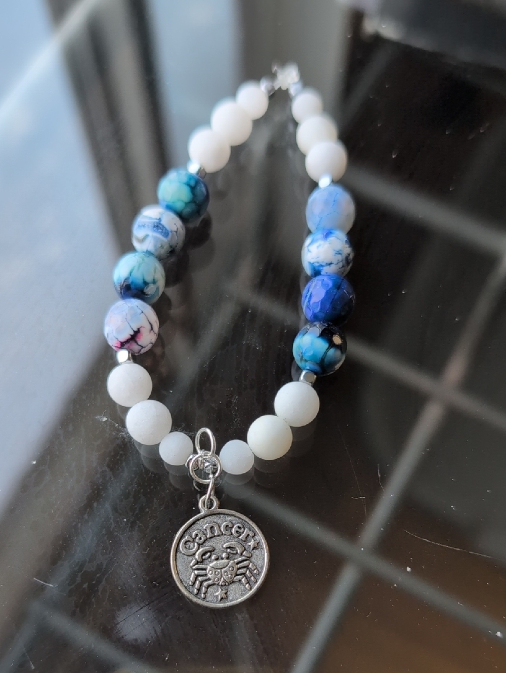 Cancer Zodiac Charm Bracelet - White Jadeite and Blue Agate Beaded Bracelet